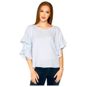 VELVET BY GRAHAM & SPENCER Alberta Baby Blue Linen Ruffle Sleeve Top Beachy EUC
